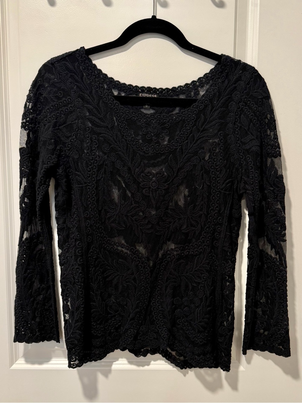 Express Black Embroidered Lace Long-Sleeve Top